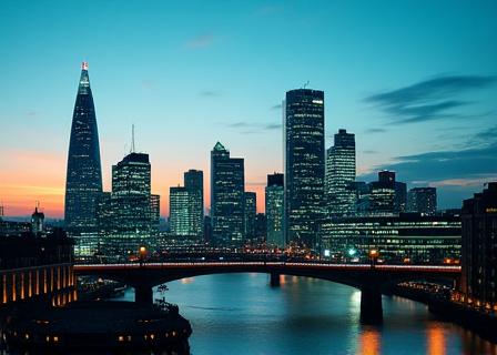 Stylized view of London City skyline representing global business connectivity or data transfers.